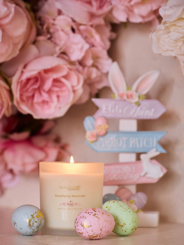 Strawberry Shortcake Soy Candle, Cotton Wick, Pink Flowers, Easter Eggs